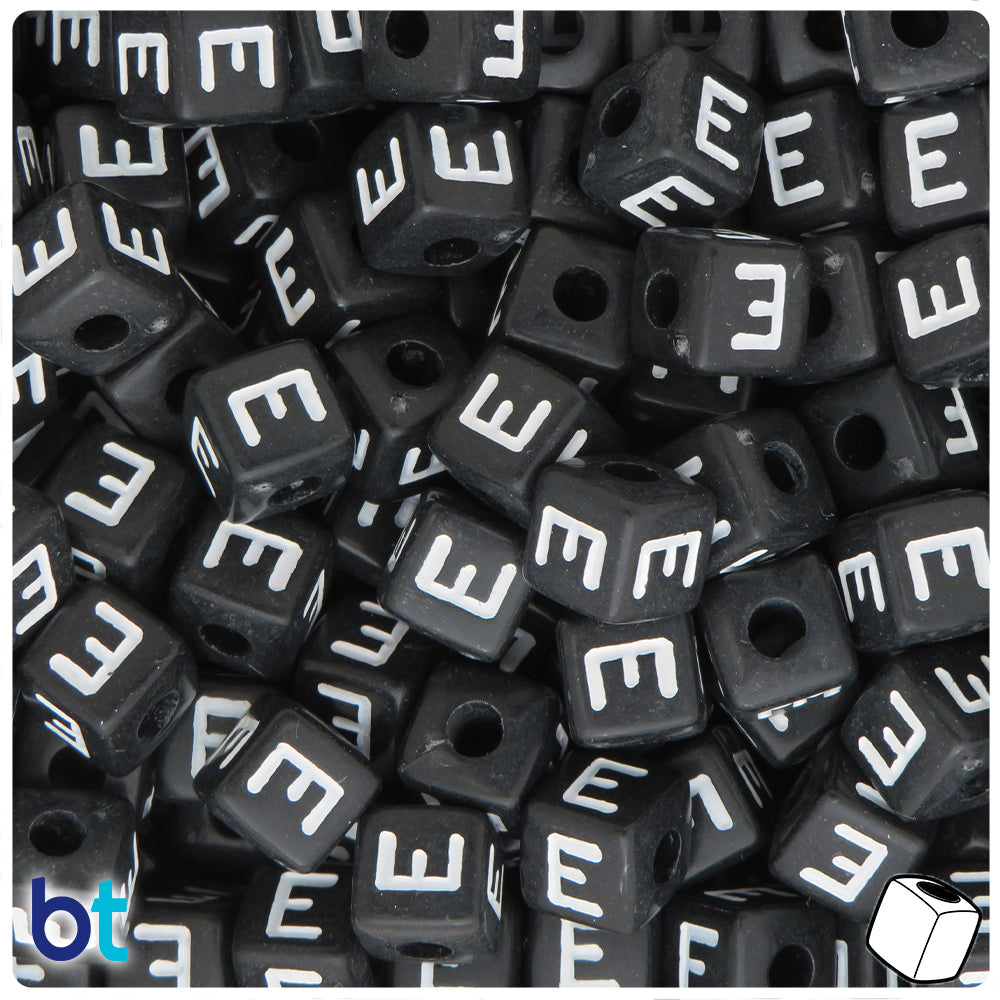 Black Opaque 10mm Cube Alpha Beads - White Letter E (20pcs)