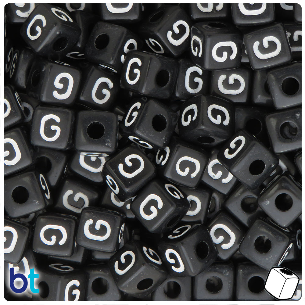 Black Opaque 10mm Cube Alpha Beads - White Letter G (20pcs)
