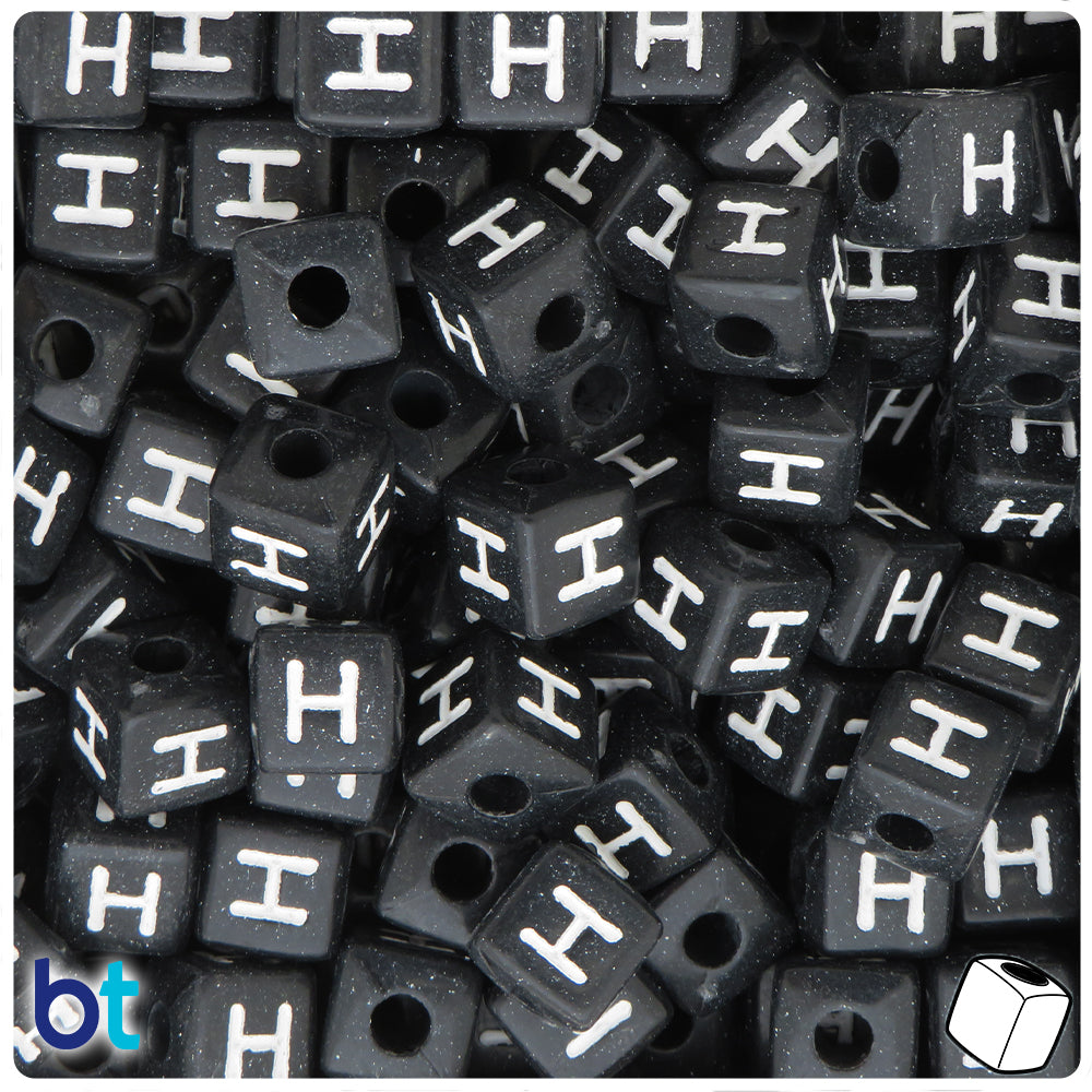 Black Opaque 10mm Cube Alpha Beads - White Letter H (20pcs)