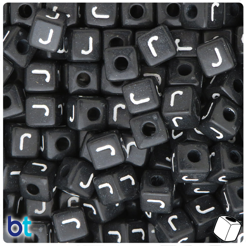 Black Opaque 10mm Cube Alpha Beads - White Letter J (20pcs)