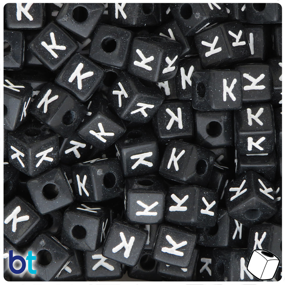 Black Opaque 10mm Cube Alpha Beads - White Letter K (20pcs)
