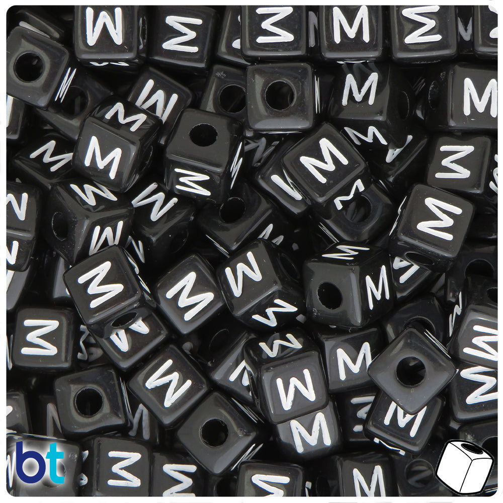 Black Opaque 10mm Cube Alpha Beads - White Letter M (20pcs)