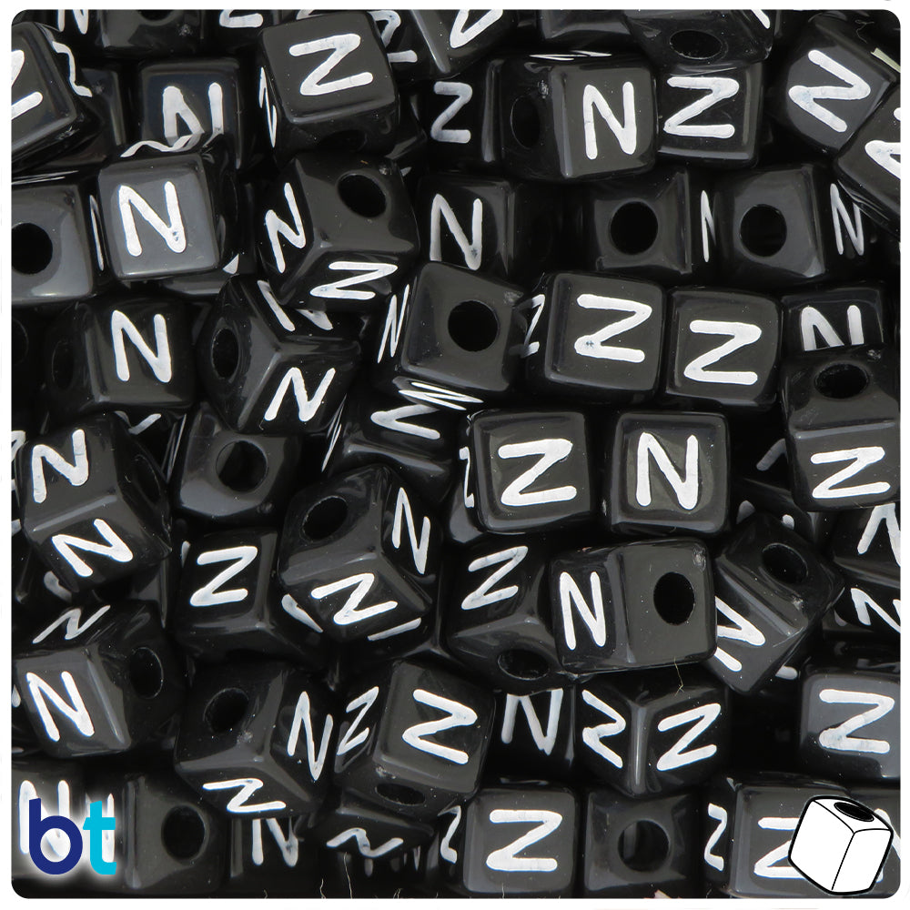 Black Opaque 10mm Cube Alpha Beads - White Letter N (20pcs)