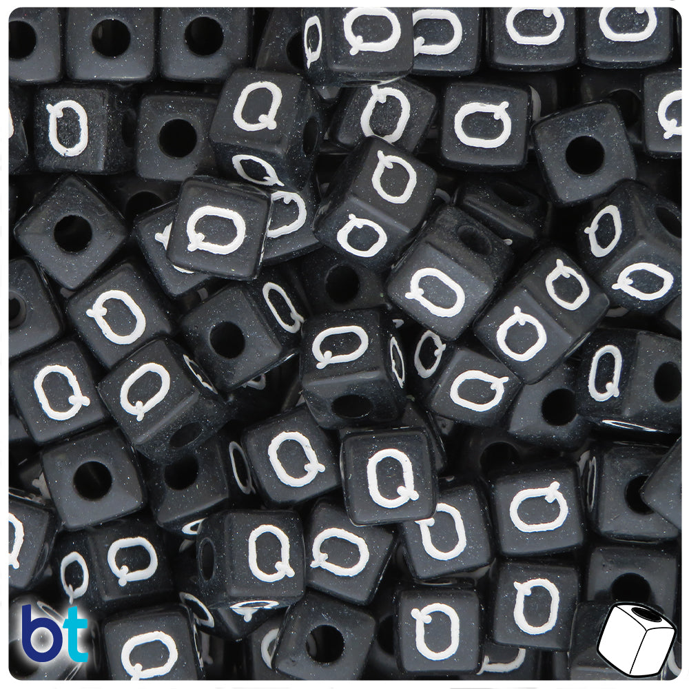 Black Opaque 10mm Cube Alpha Beads - White Letter Q (20pcs)