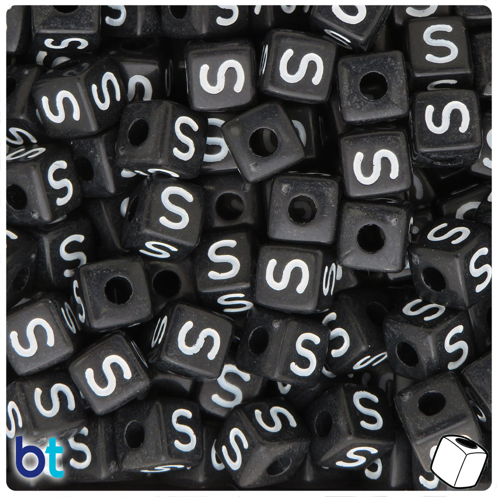 Black Opaque 10mm Cube Alpha Beads - White Letter S (20pcs)