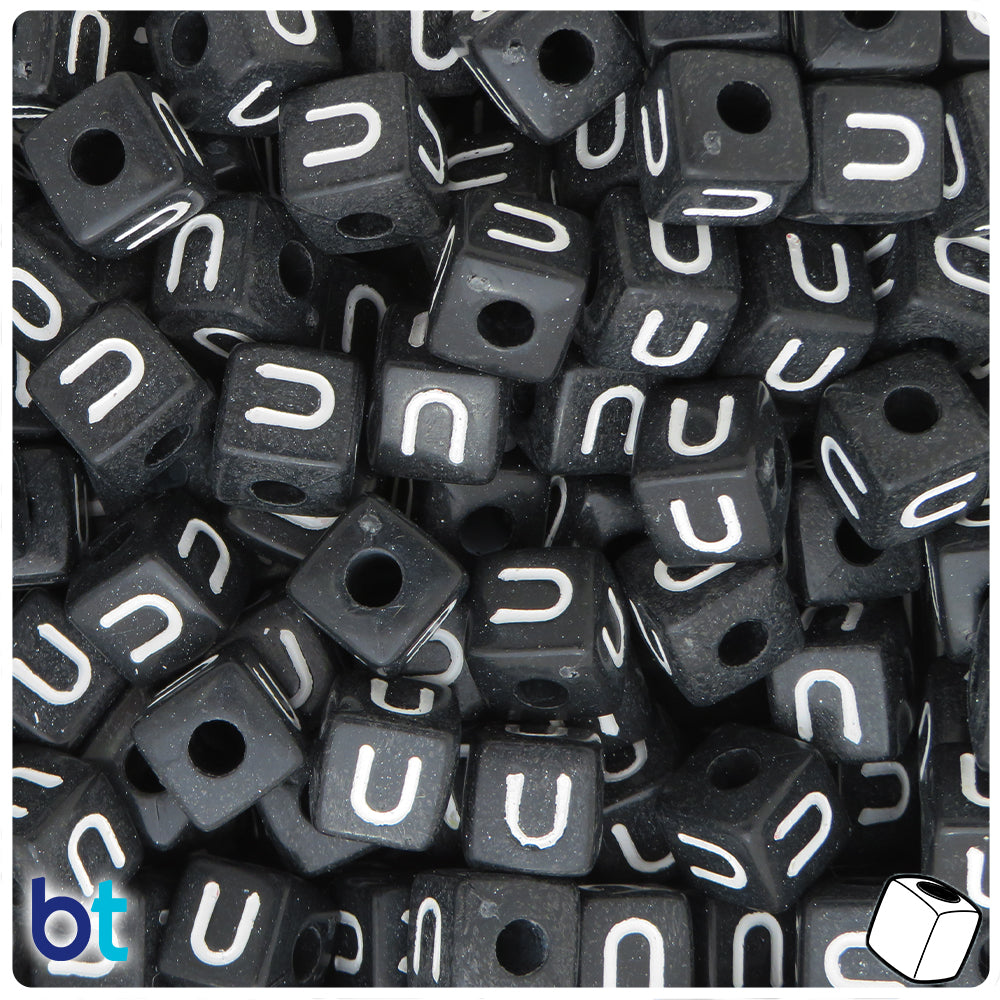 Black Opaque 10mm Cube Alpha Beads - White Letter U (20pcs)