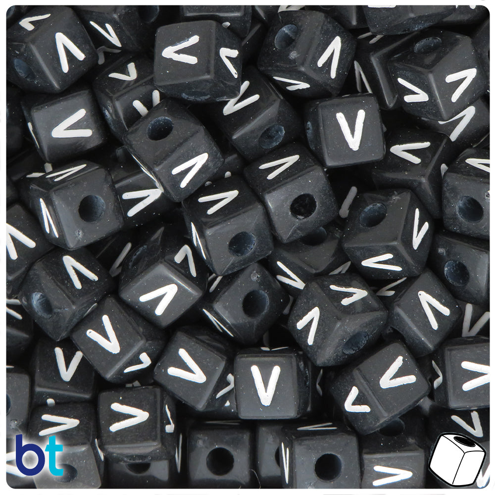 Black Opaque 10mm Cube Alpha Beads - White Letter V (20pcs)
