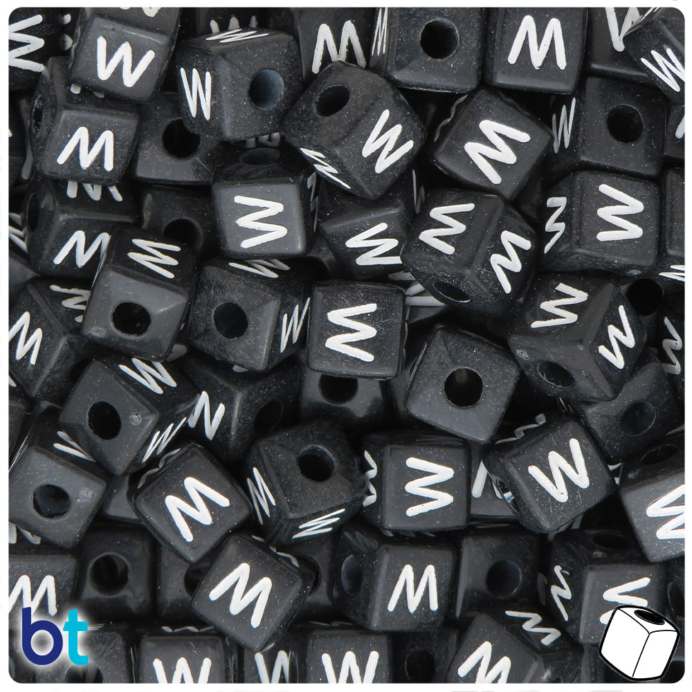 Black Opaque 10mm Cube Alpha Beads - White Letter W (20pcs)