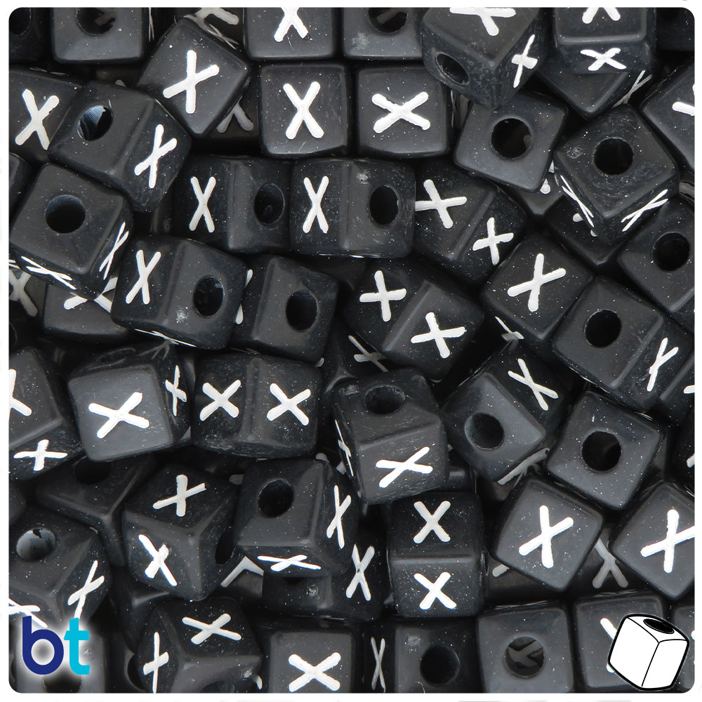 Black Opaque 10mm Cube Alpha Beads - White Letter X (20pcs)