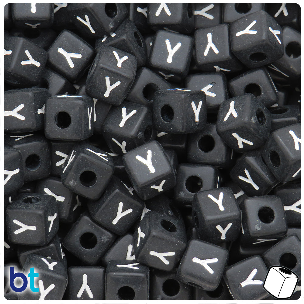 Black Opaque 10mm Cube Alpha Beads - White Letter Y (20pcs)