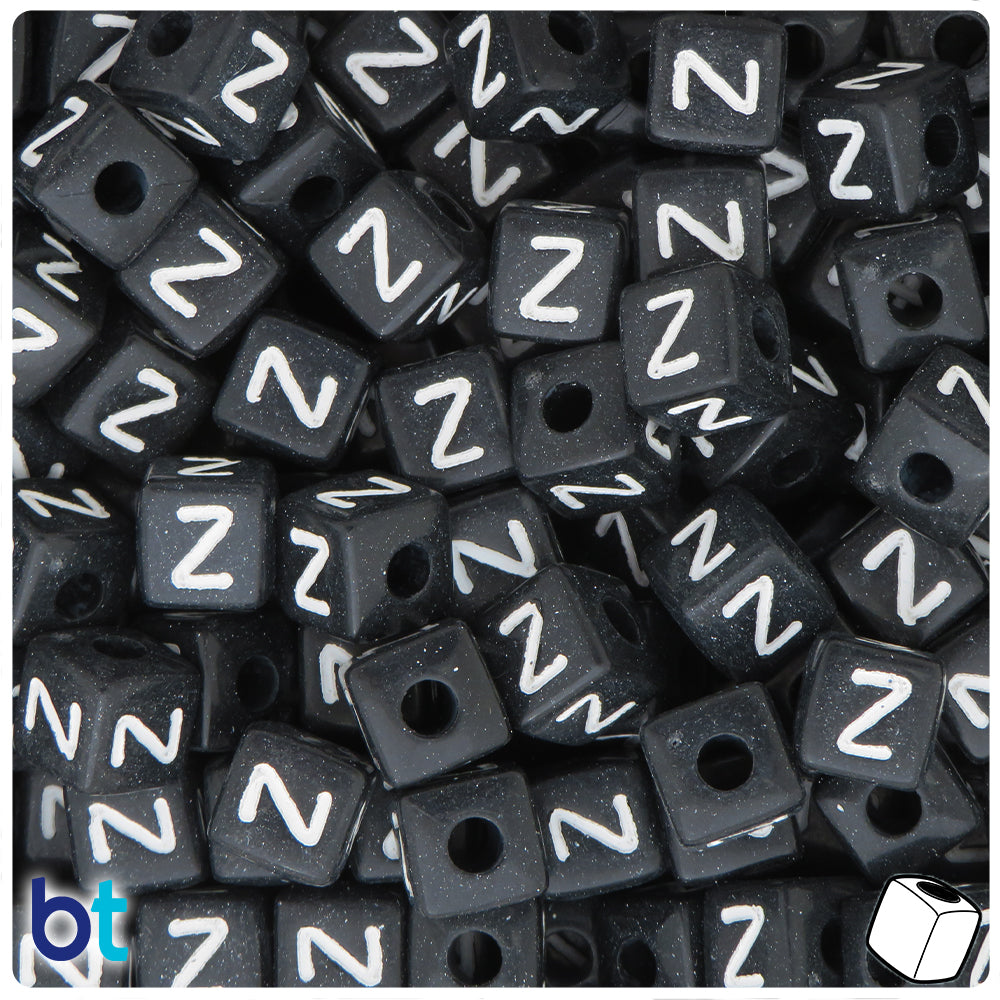 Black Opaque 10mm Cube Alpha Beads - White Letter Z (20pcs)