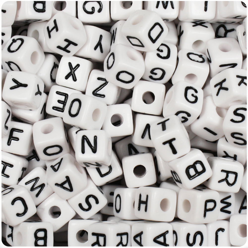 White Opaque 10mm Cube Alpha Beads - Black Letter Mix (100pcs)