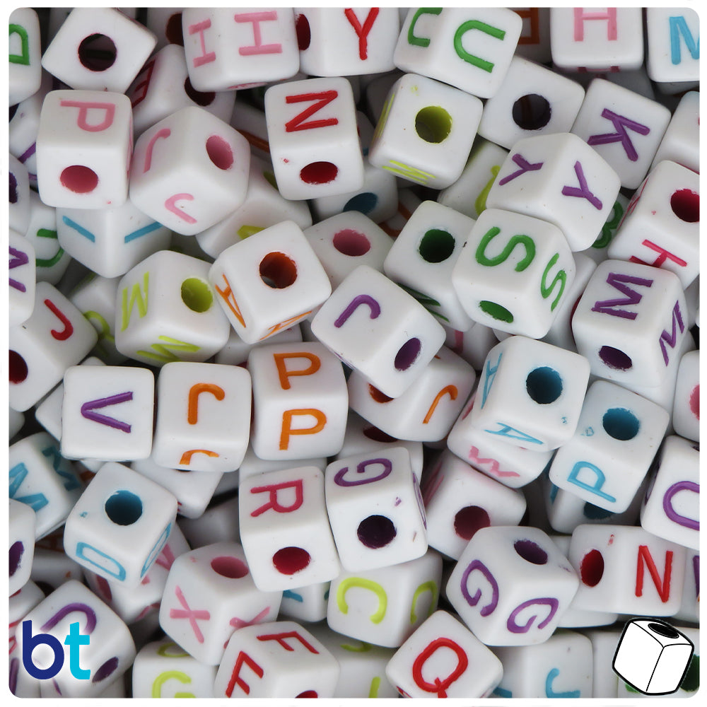 White Opaque 10mm Cube Alpha Beads - Colored Letter Mix (100pcs)