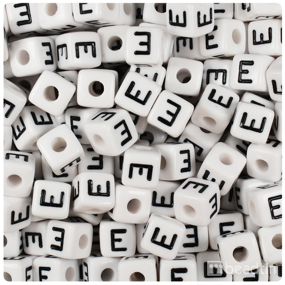 White Opaque 10mm Cube Alpha Beads - Black Letter E (20pcs)