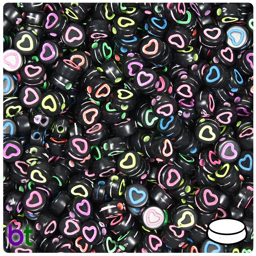 Black Opaque 7mm Coin Alpha Beads - Colored Hollow Hearts (250pcs)