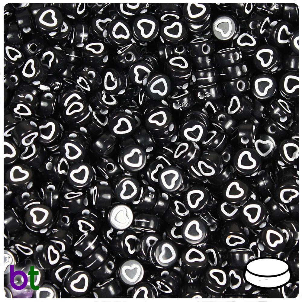 Black Opaque 7mm Coin Alpha Beads - White Hollow Hearts (250pcs)