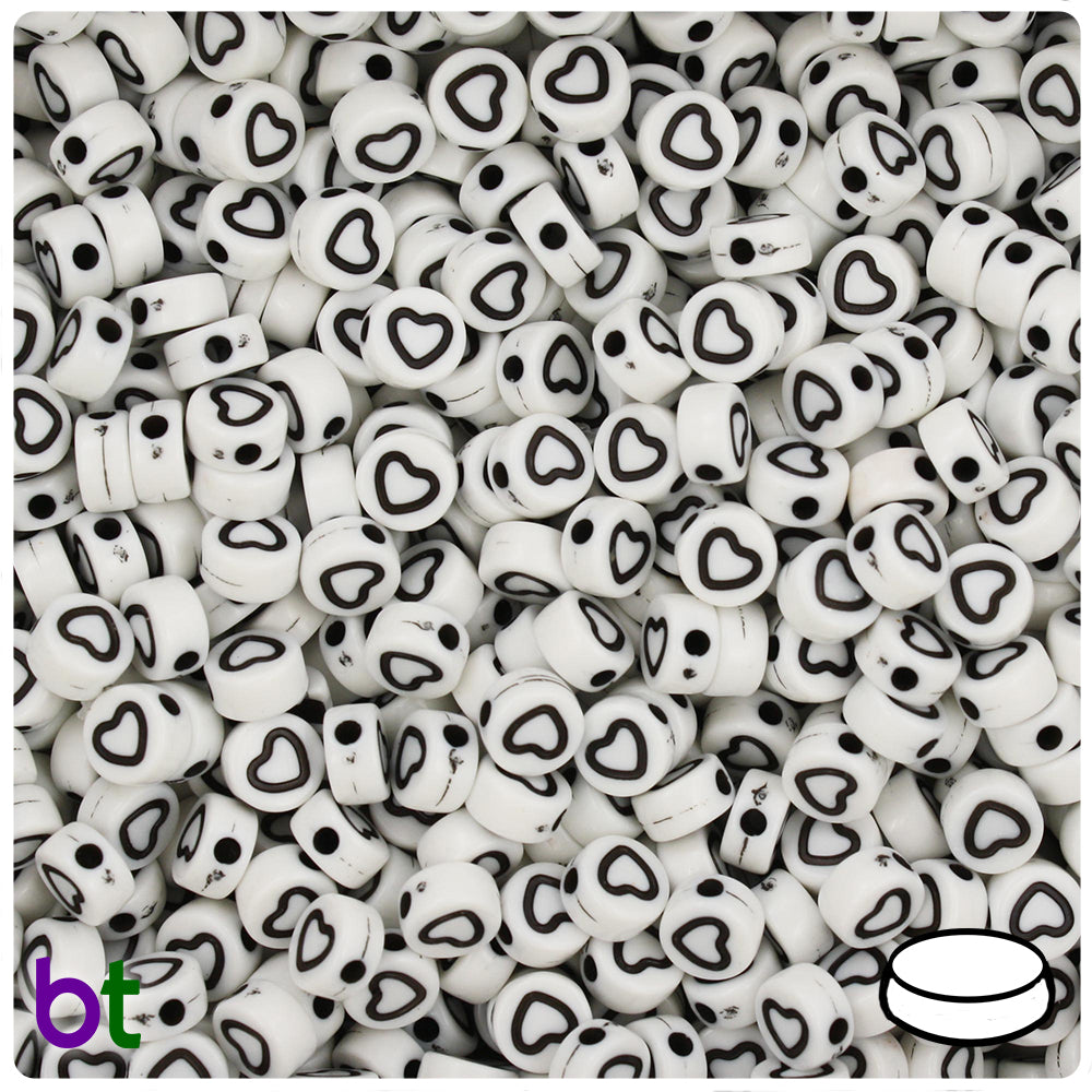 White Opaque 7mm Coin Alpha Beads - Black Hollow Hearts (250pcs)