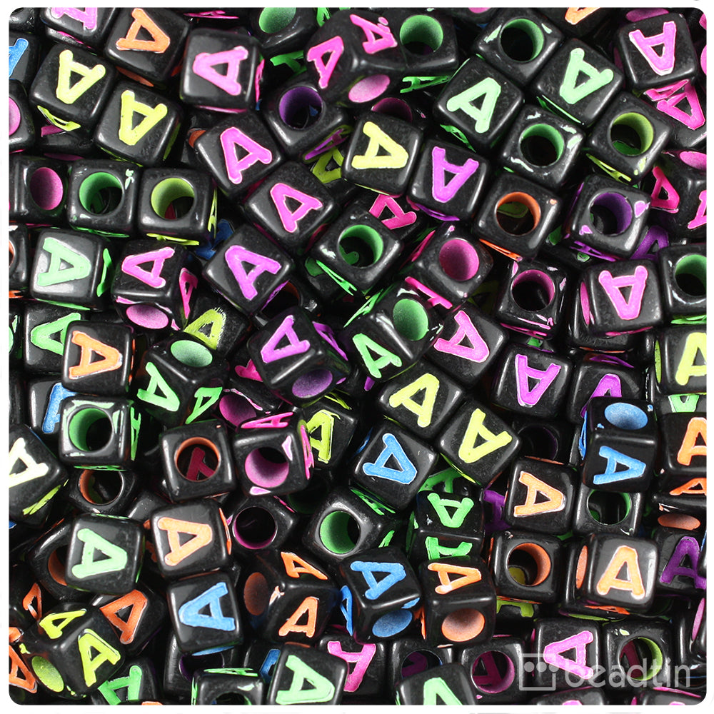 Black Opaque 7mm Cube Alpha Beads - Colored Letter A (75pcs)