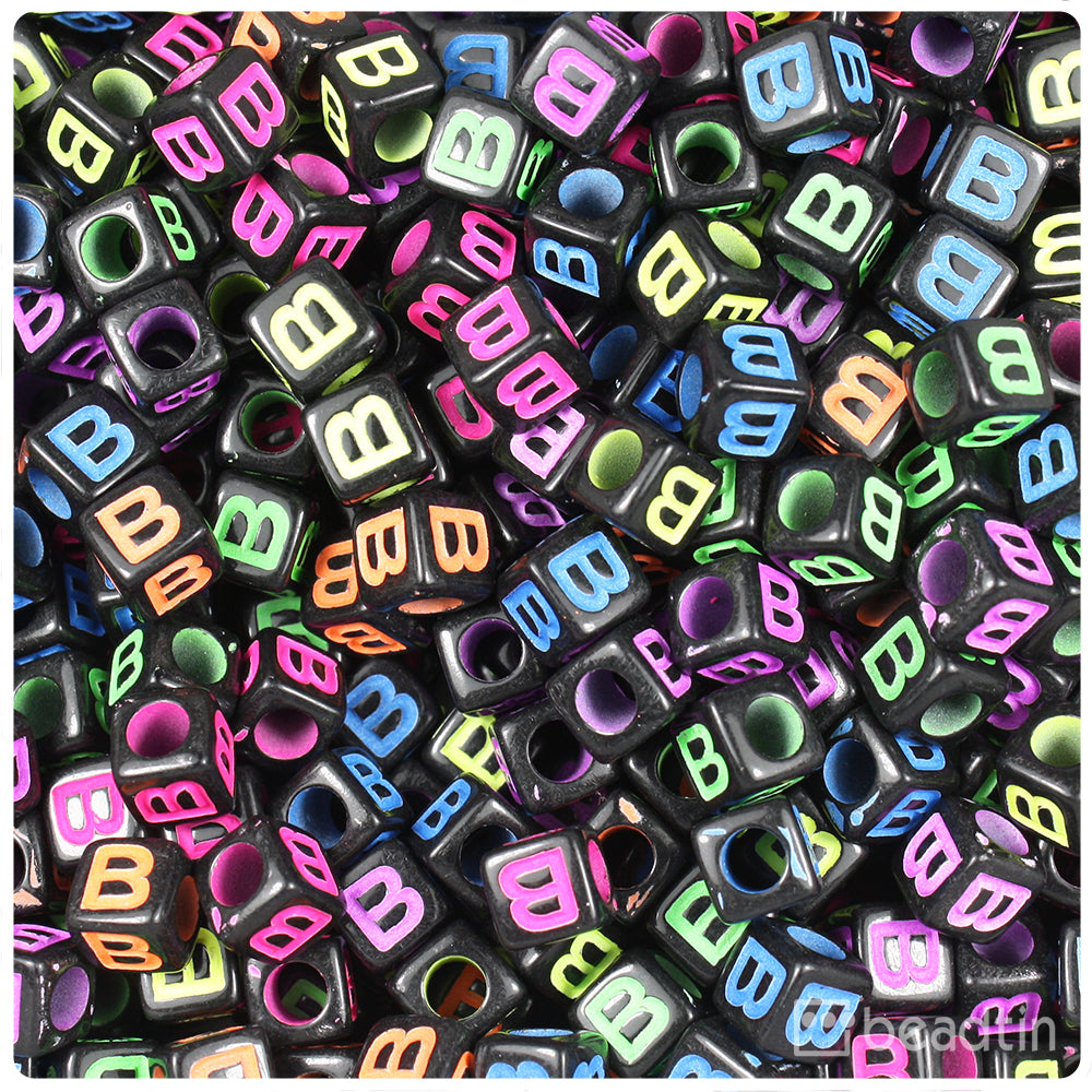 Black Opaque 7mm Cube Alpha Beads - Colored Letter B (75pcs)