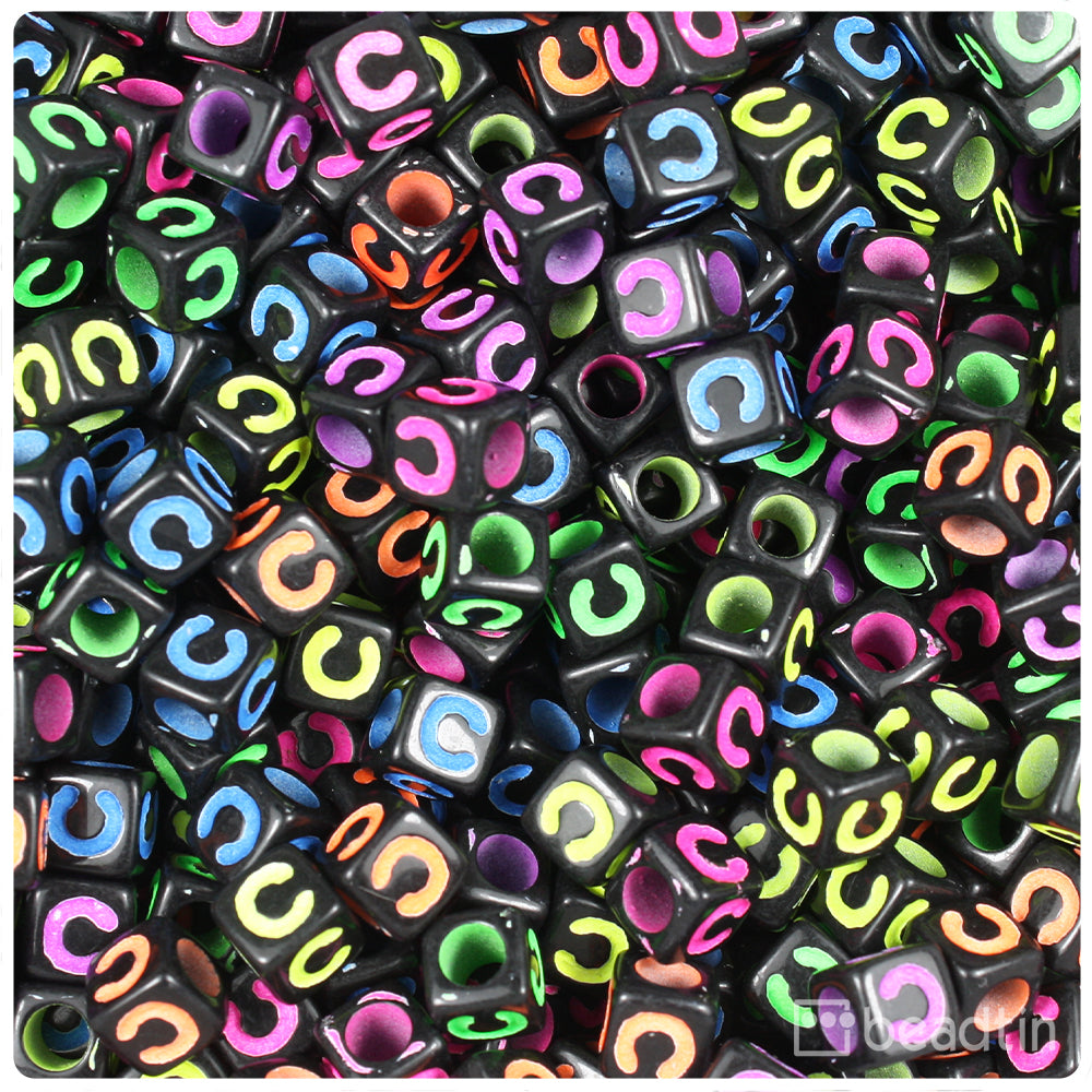 Black Opaque 7mm Cube Alpha Beads - Colored Letter C (75pcs)