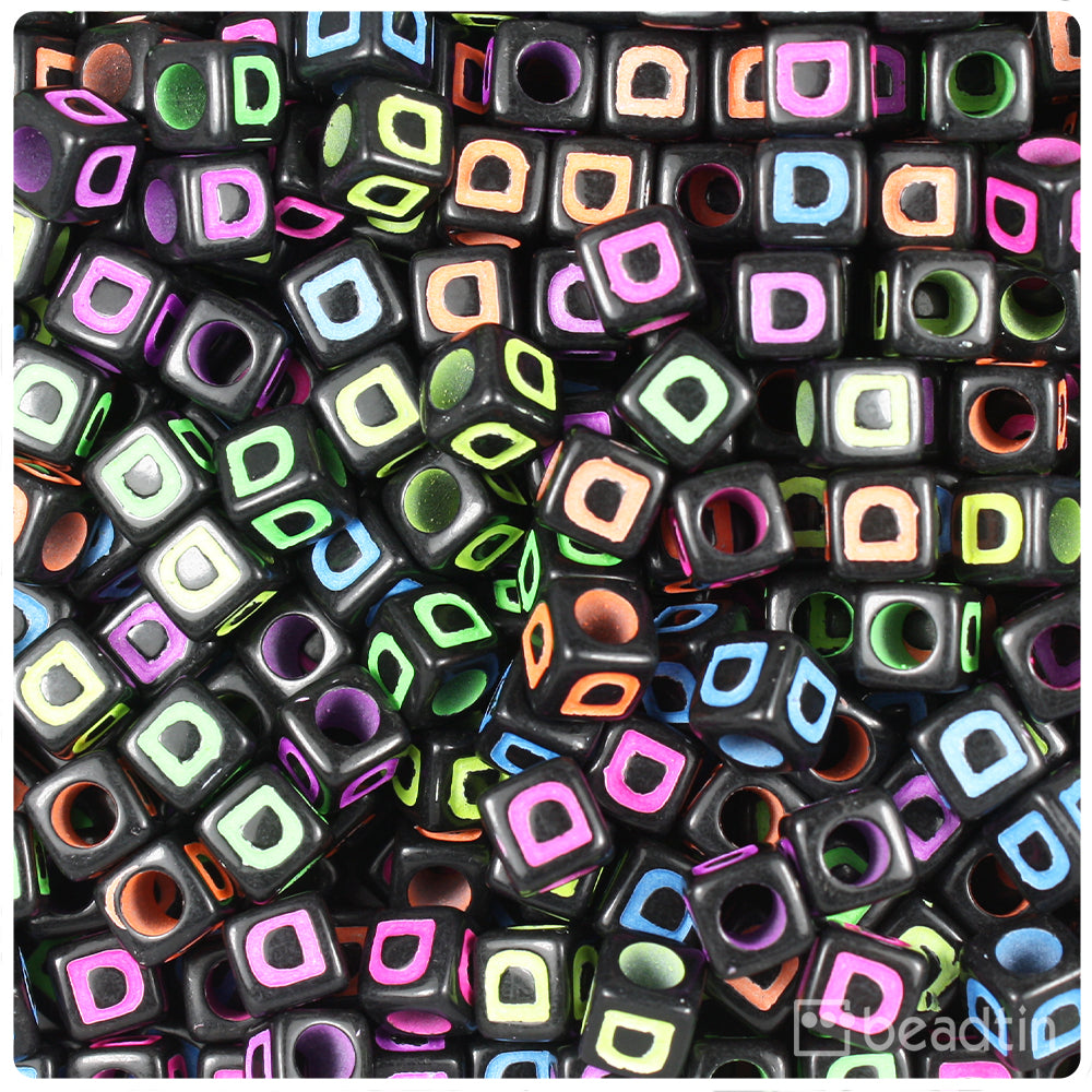 Black Opaque 7mm Cube Alpha Beads - Colored Letter D (75pcs)