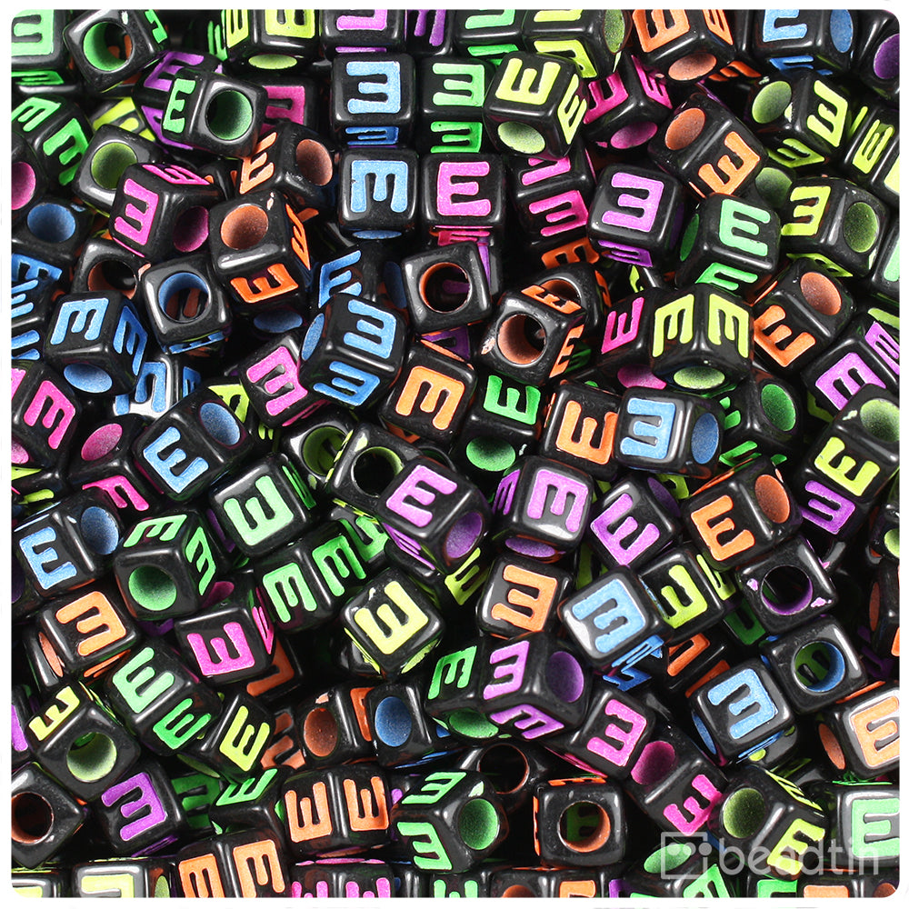 Black Opaque 7mm Cube Alpha Beads - Colored Letter E (75pcs)