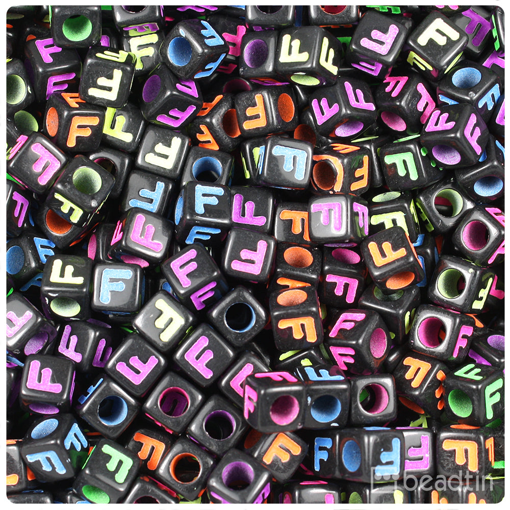 Black Opaque 7mm Cube Alpha Beads - Colored Letter F (75pcs)