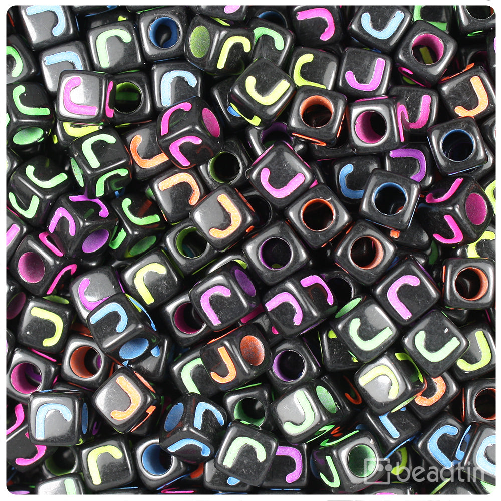 Black Opaque 7mm Cube Alpha Beads - Colored Letter J (75pcs)