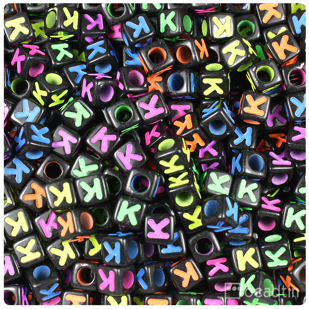 Black Opaque 7mm Cube Alpha Beads - Colored Letter K (75pcs)