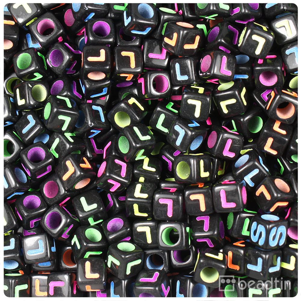 Black Opaque 7mm Cube Alpha Beads - Colored Letter L (75pcs)