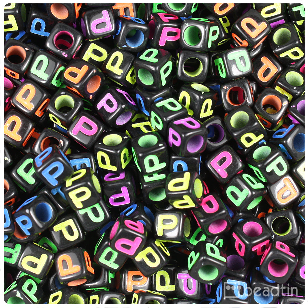 Black Opaque 7mm Cube Alpha Beads - Colored Letter P (75pcs)