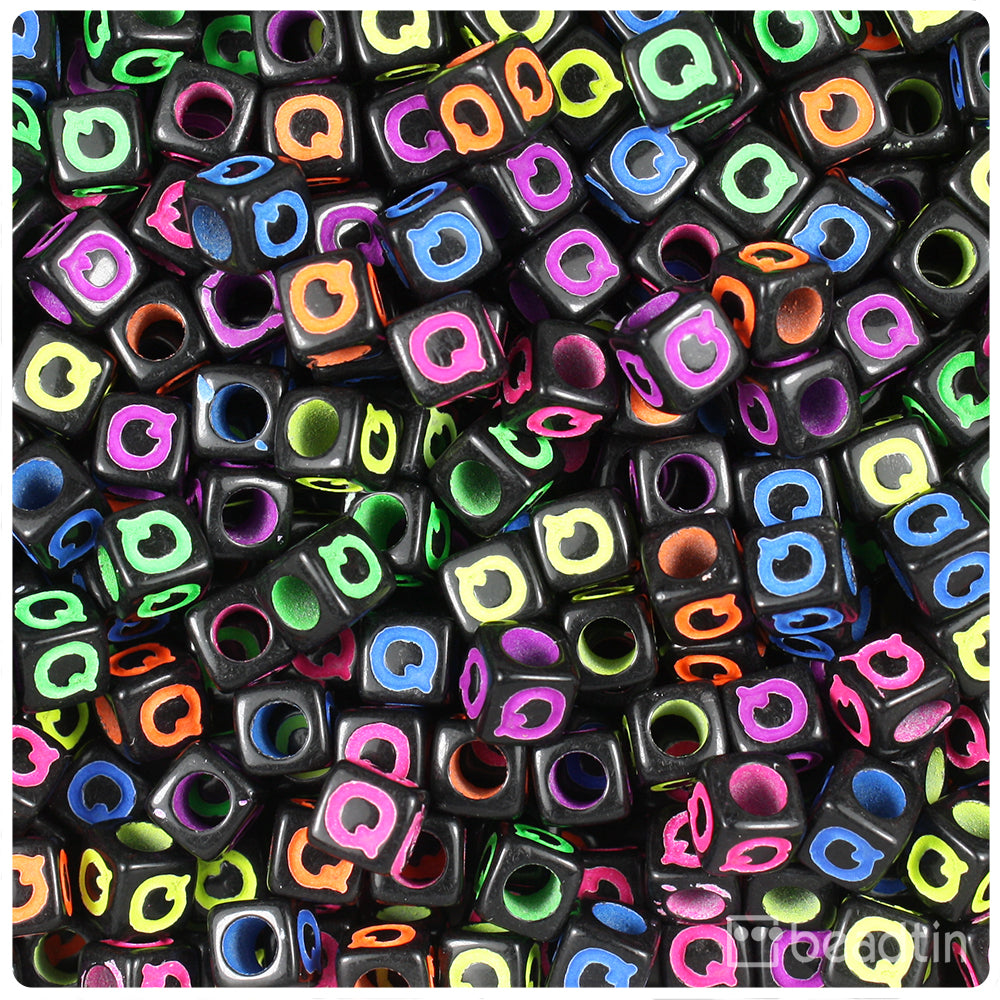 Black Opaque 7mm Cube Alpha Beads - Colored Letter Q (75pcs)
