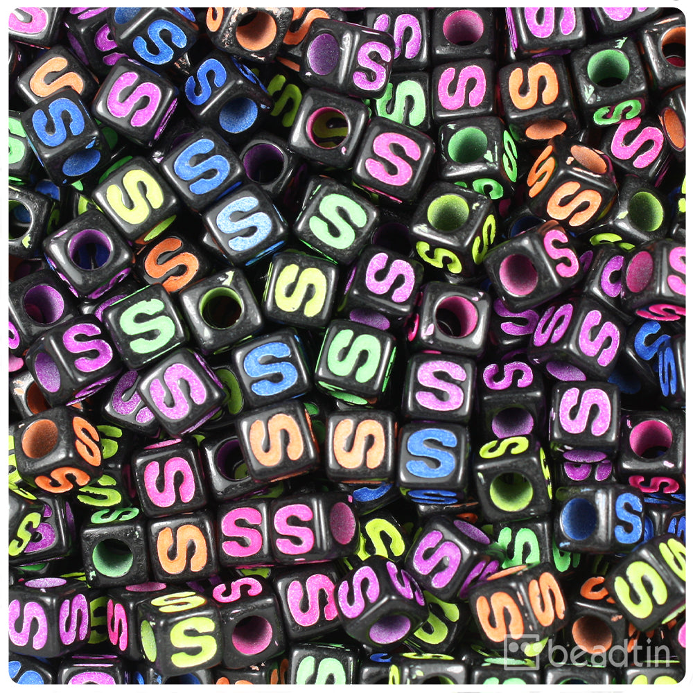 Black Opaque 7mm Cube Alpha Beads - Colored Letter S (75pcs)