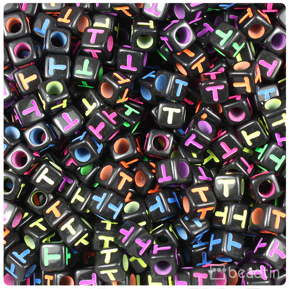 Black Opaque 7mm Cube Alpha Beads - Colored Letter T (75pcs)