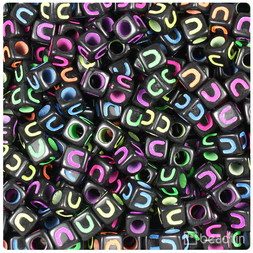 Black Opaque 7mm Cube Alpha Beads - Colored Letter U (75pcs)