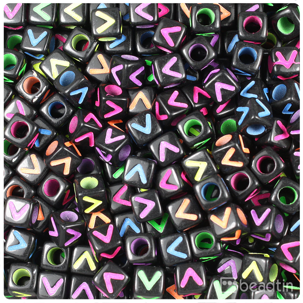 Black Opaque 7mm Cube Alpha Beads - Colored Letter V (75pcs)