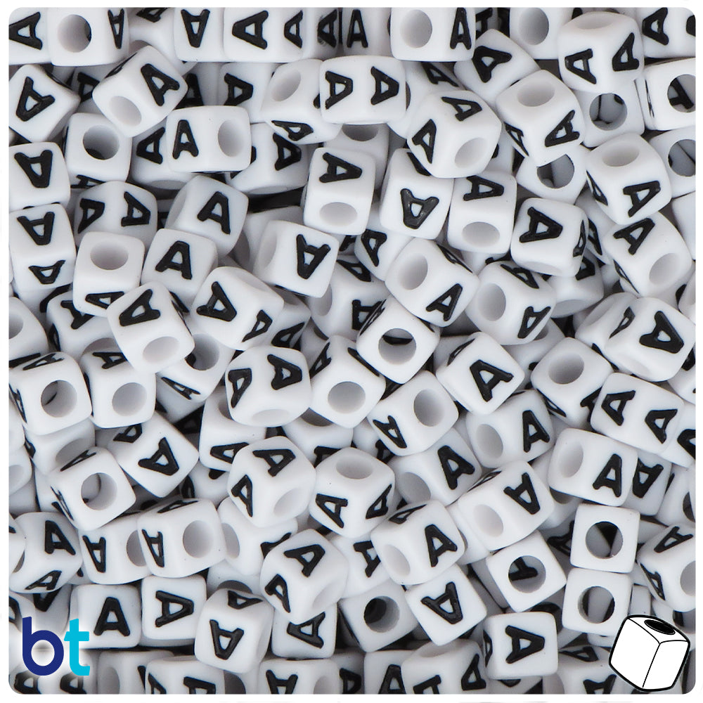 White Opaque 7mm Cube Alpha Beads - Black Letter A (75pcs)