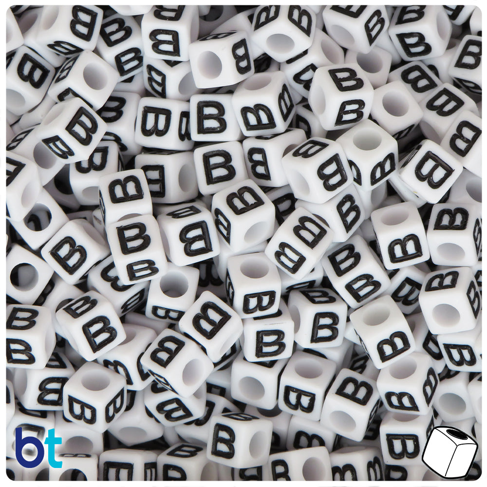 White Opaque 7mm Cube Alpha Beads - Black Letter B (75pcs)