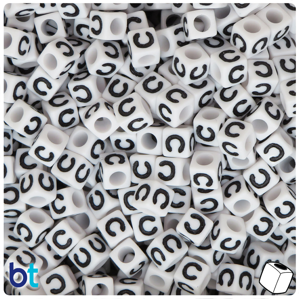 White Opaque 7mm Cube Alpha Beads - Black Letter C (75pcs)