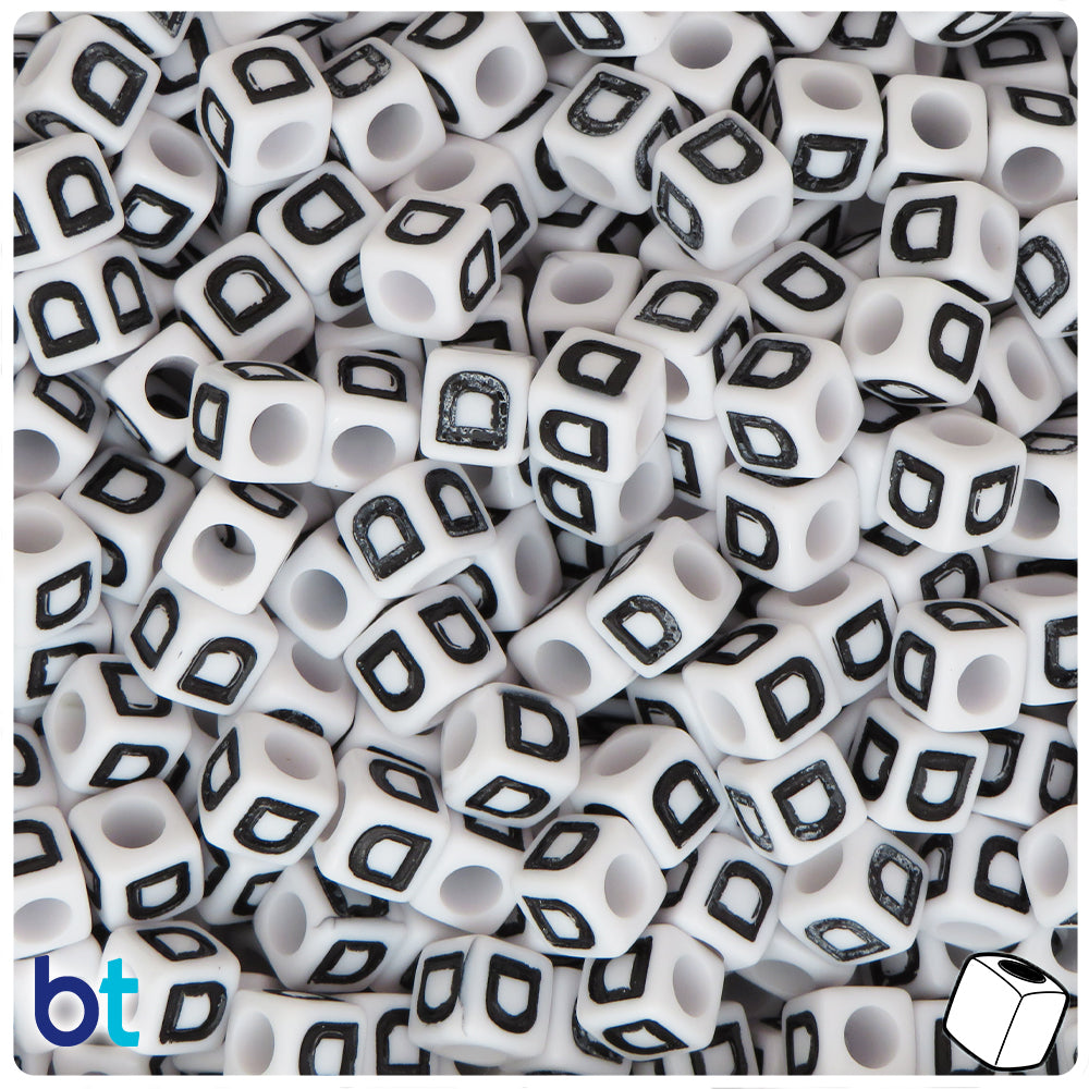White Opaque 7mm Cube Alpha Beads - Black Letter D (75pcs)