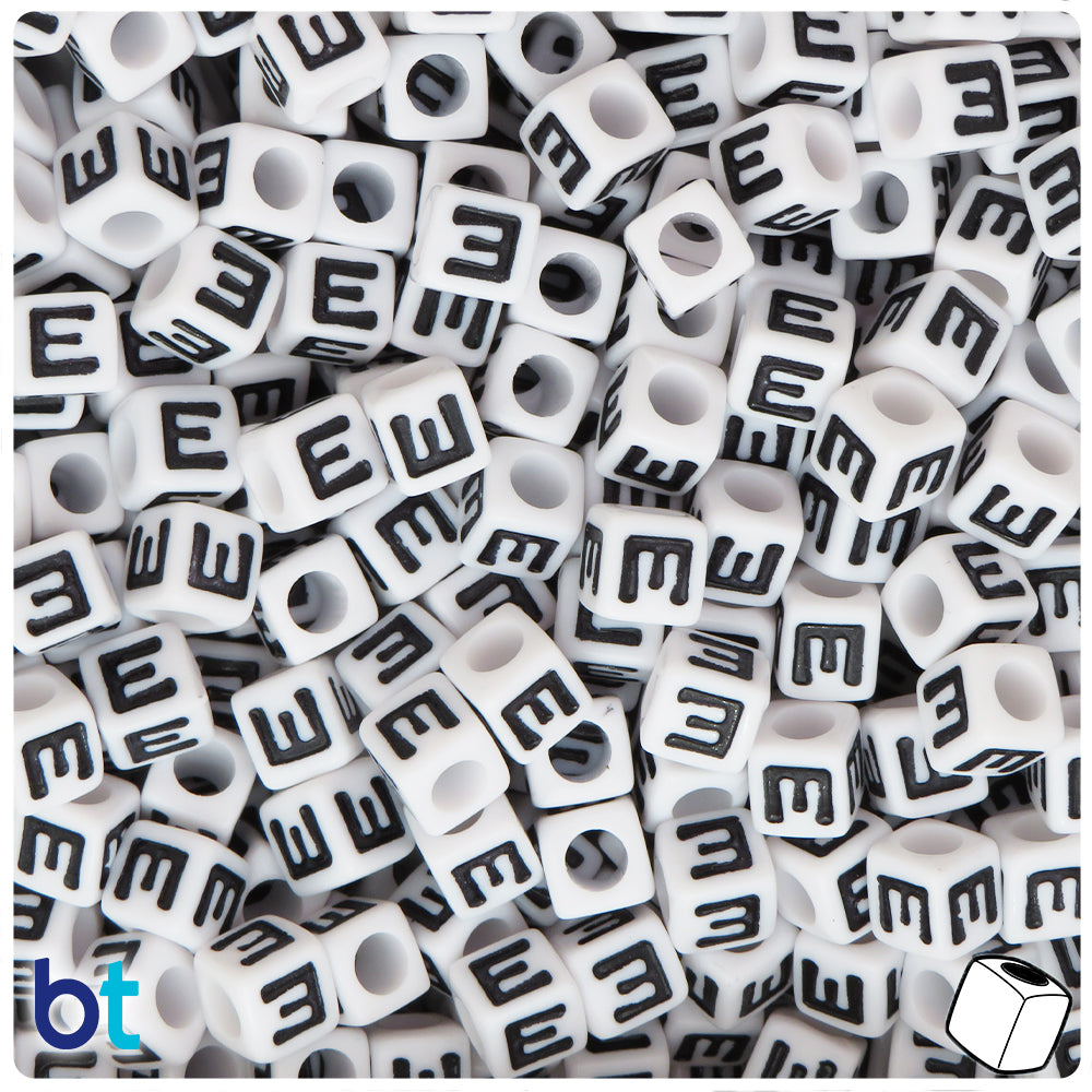 White Opaque 7mm Cube Alpha Beads - Black Letter E (75pcs)