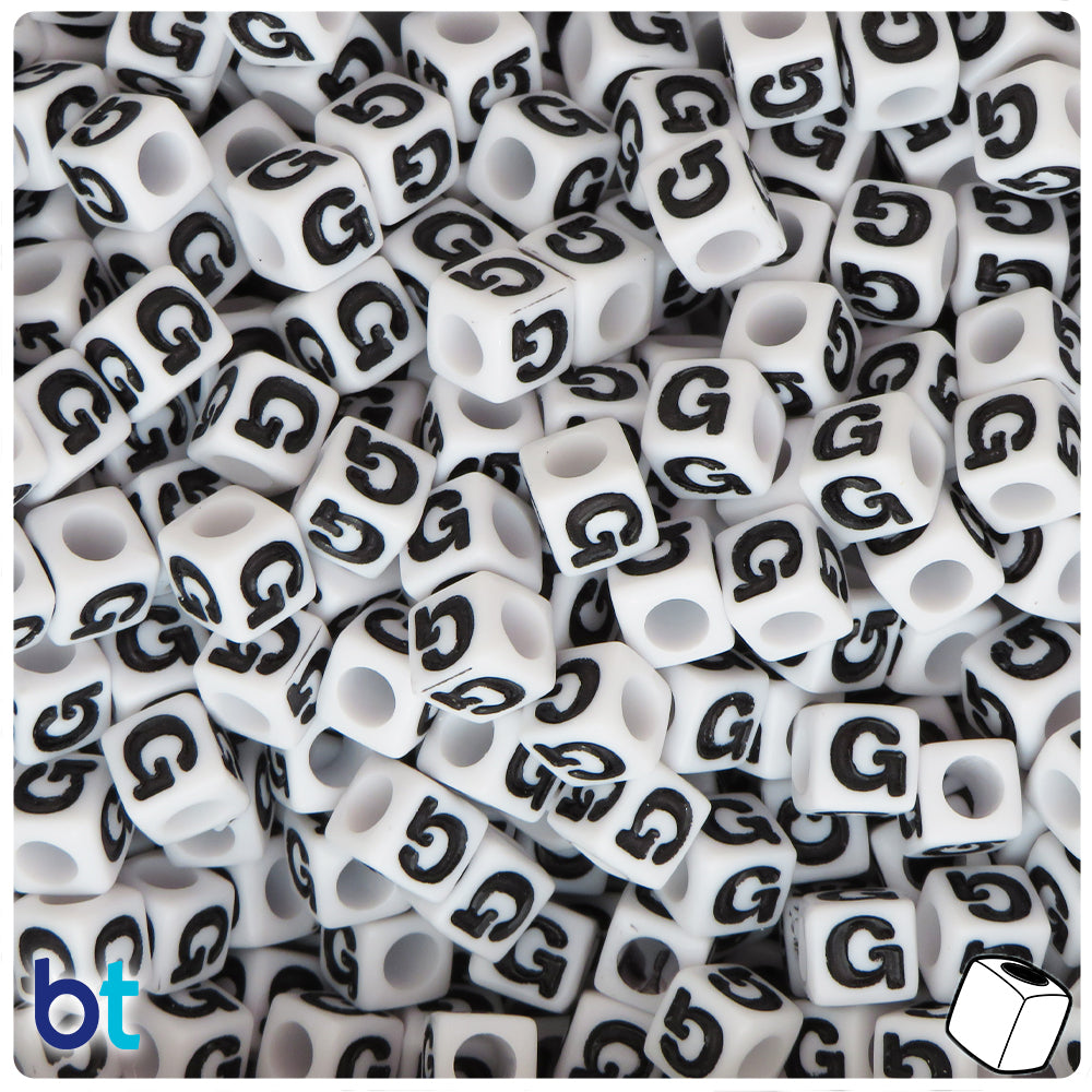 White Opaque 7mm Cube Alpha Beads - Black Letter G (75pcs)