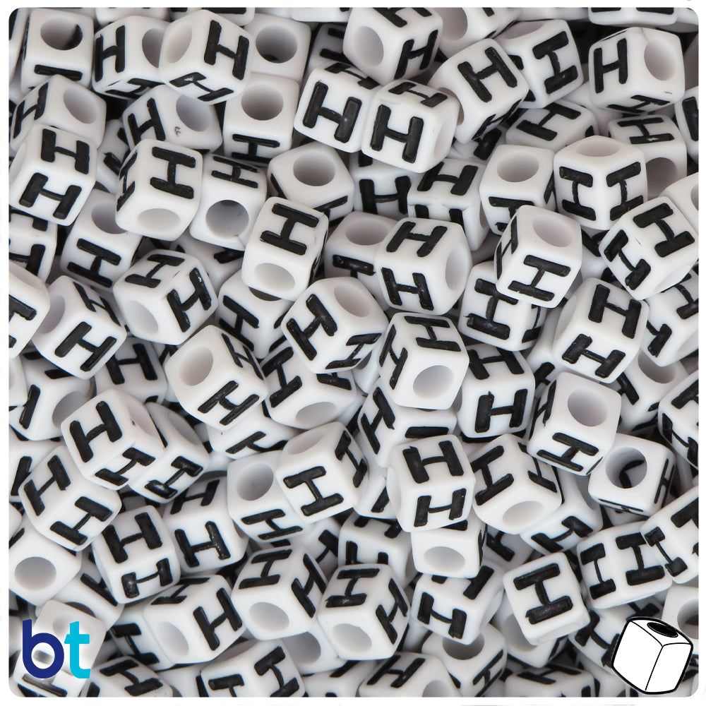 White Opaque 7mm Cube Alpha Beads - Black Letter H (75pcs)