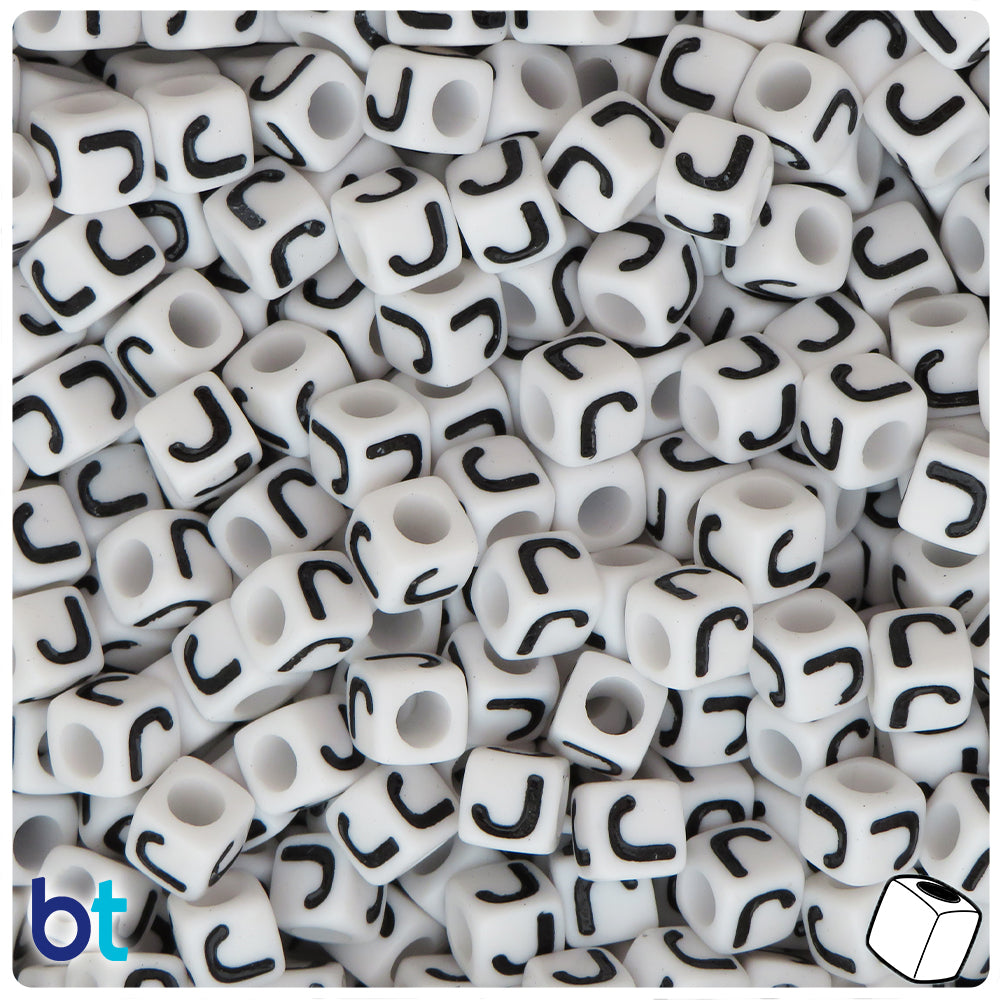 White Opaque 7mm Cube Alpha Beads - Black Letter J (75pcs)