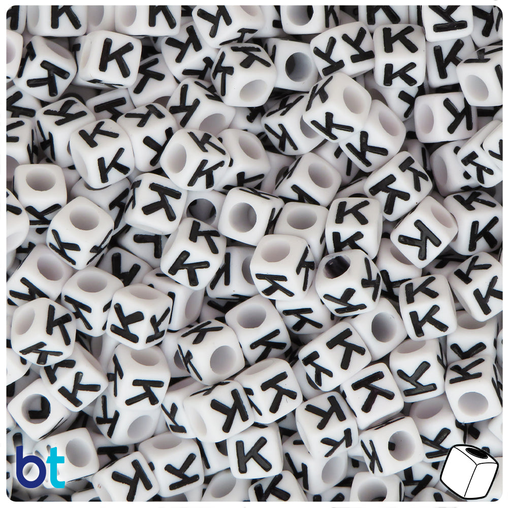White Opaque 7mm Cube Alpha Beads - Black Letter K (75pcs)