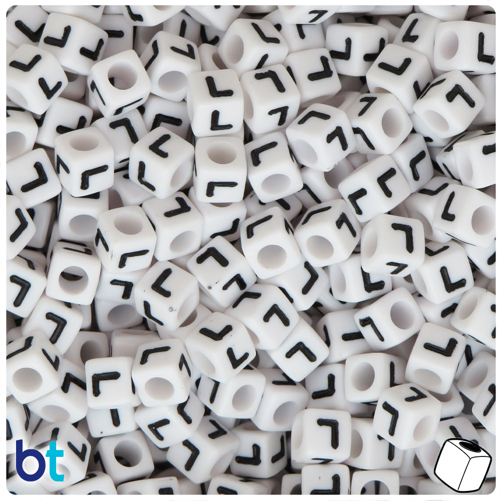 White Opaque 7mm Cube Alpha Beads - Black Letter L (75pcs)