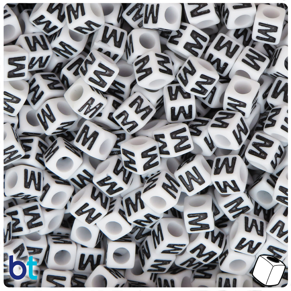 White Opaque 7mm Cube Alpha Beads - Black Letter M (75pcs)