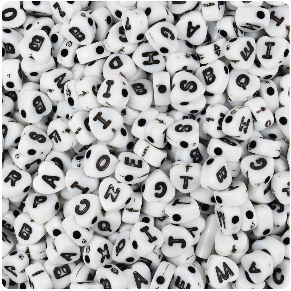 White Opaque 7mm Heart Alpha Beads - Black Letter Mix (250pcs)