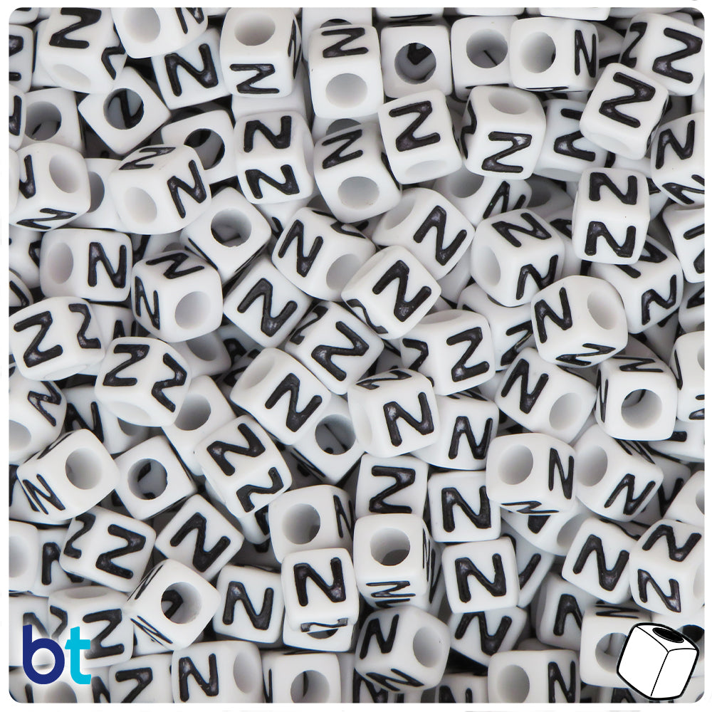 White Opaque 7mm Cube Alpha Beads - Black Letter N (75pcs)