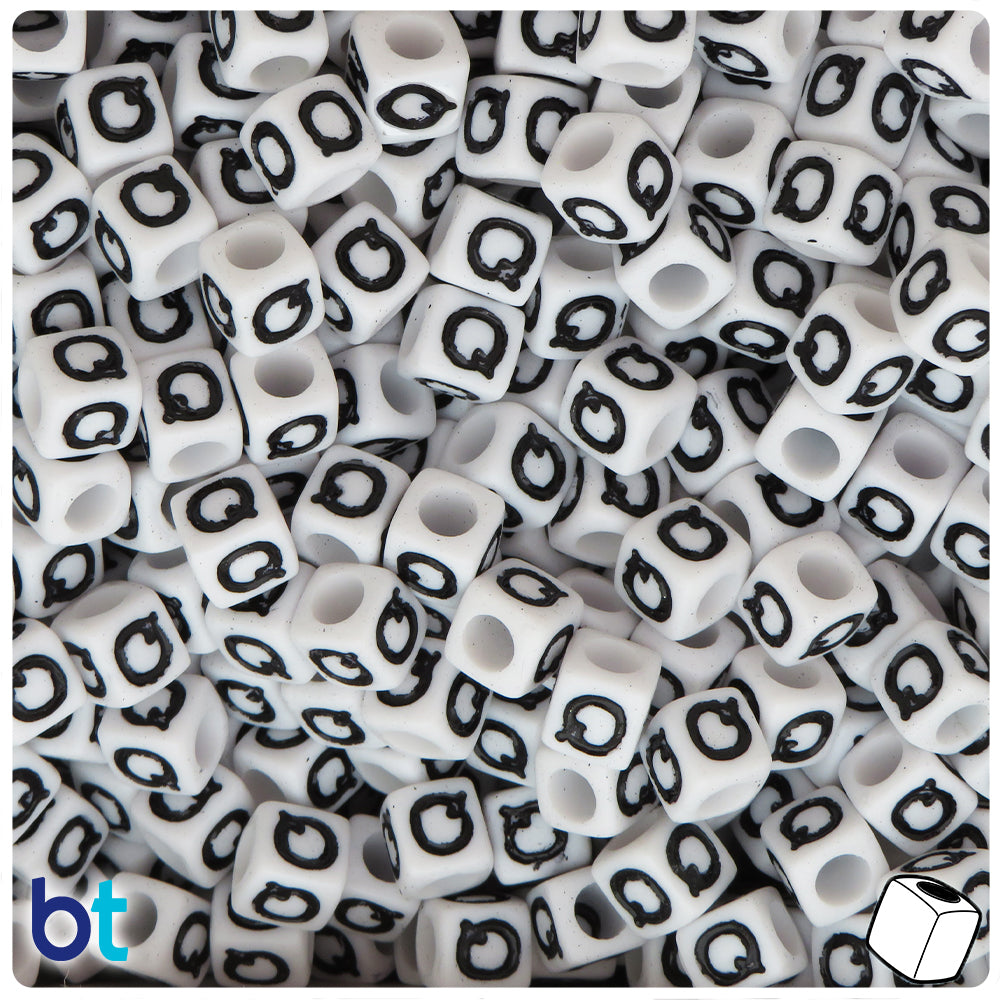 White Opaque 7mm Cube Alpha Beads - Black Letter Q (75pcs)